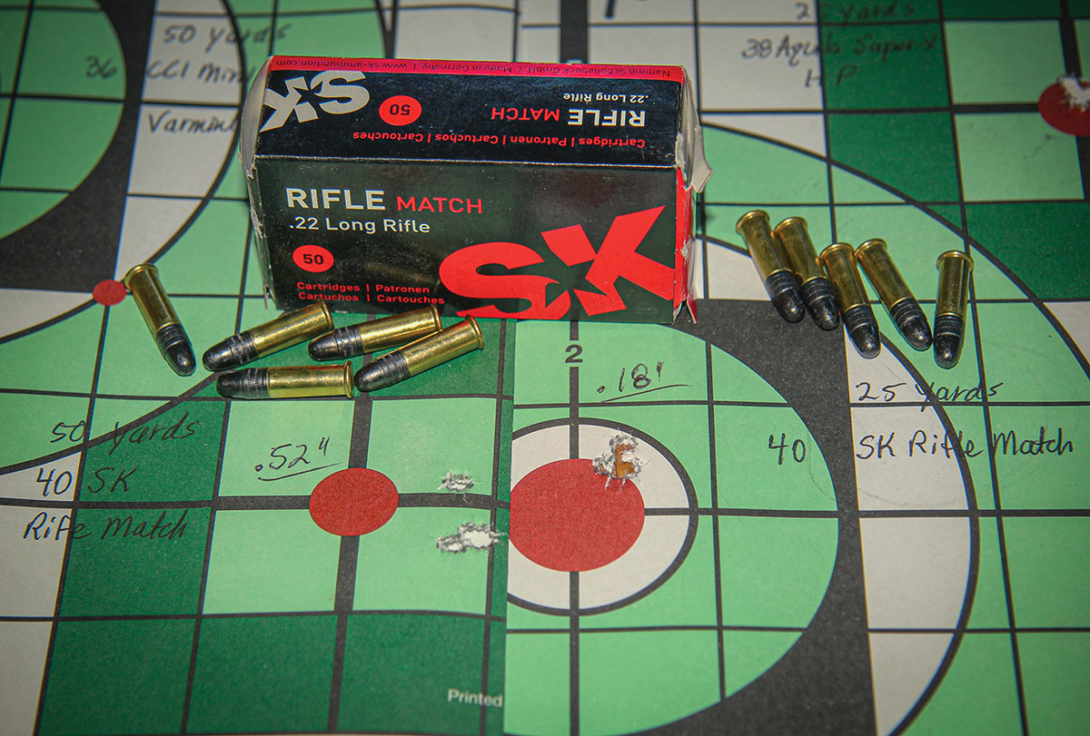 SK Rifle Match 22 LR ammo proved exceptionally accurate from the Tikka T1x Ace Target, producing a .18-inch five-shot group at 25 yards and .52-inch at 50 yards, with a muzzle velocity of 999 fps.